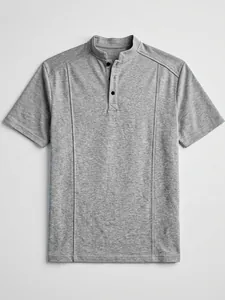 Close-up of men's grey knit henley shirt with stand collar and button placket detail