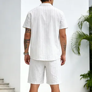 Back view of a casual white striped linen shirt and shorts set for men in summer