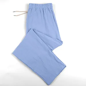 Detailed view of light blue breathable linen wide-leg trousers with elastic waist for men