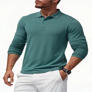 Detailed view of a slim fit men's long-sleeved quick-dry polo shirt in dark cyan color