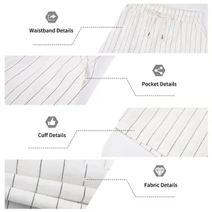 Detailed view of men's striped linen shorts showing waistband, pocket, and fabric texture