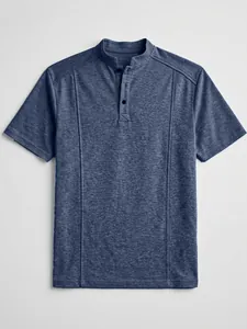 Close-up of a blue knit Henley shirt showing the stand collar and button placket details.