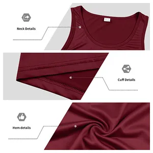Detalles de cuello, sisa y dobladillo de una camiseta de tirantes deportiva granate
