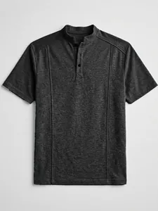 Detailed front view of a men's charcoal grey short-sleeved henley T-shirt with stand collar.