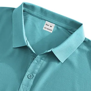 Close-up of breathable polo shirt collar showing Size M and 100% polyester tag