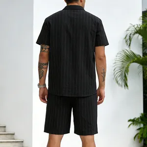 Back view detail of men's breathable summer striped linen shirt and matching shorts casual set