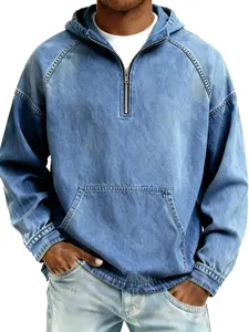Sudadera con Capucha de Mezclilla Pesada para Hombre Lavado Ácido Media Cremallera Pullover Con Bolsillo de Canguro Top