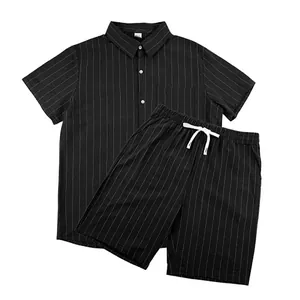 Detailed view of men's striped linen shirt and shorts set in black pinstripe