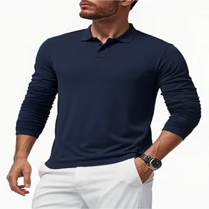 Close-up detail of a navy blue long-sleeve polo shirt for men with quick-dry fabric