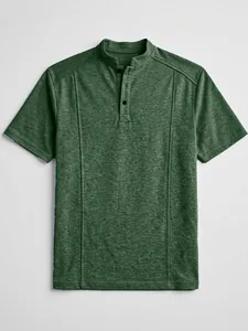 Casual men's short sleeve t-shirt with stand collar and button placket in heathered green