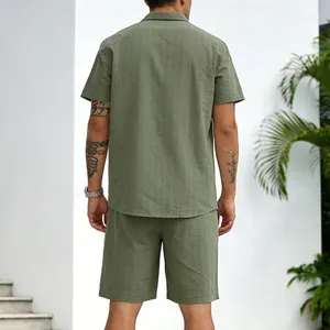Detailed back view of men's green striped summer linen shirt and matching shorts set