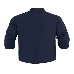Rear view of dark blue long-sleeve polo shirt showing fabric texture