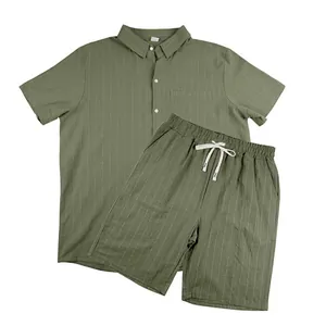 Detailed view of men's olive green linen striped short sleeve shirt and shorts set