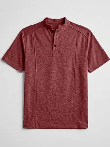 Detailed view of a maroon men's casual Henley knit short sleeve t-shirt with standing collar