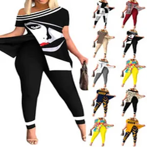 Collage con varios patrones del conjunto de top gráfico asimétrico y leggings mujer