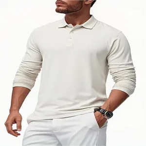 Professional model wearing a classic men's long-sleeved polo shirt in elegant off-white