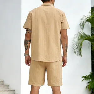 Detailed back view of a men's summer casual beige striped linen shirt and shorts set.