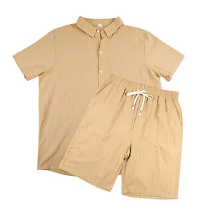 Flat lay view of men's summer linen striped shirt and matching drawstring shorts.