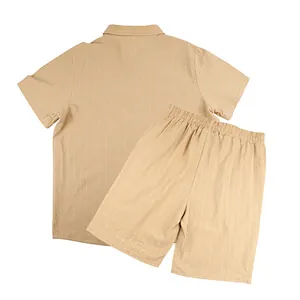 Detailed back view of men's summer khaki pinstripe linen shirt and shorts casual set