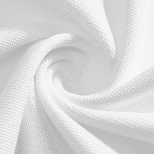 Macro detail of white breathable quick-dry piqué fabric for men's polo shirts.