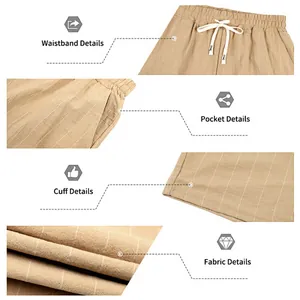 Detailed views of men's summer striped linen shorts featuring waistband, pocket and fabric