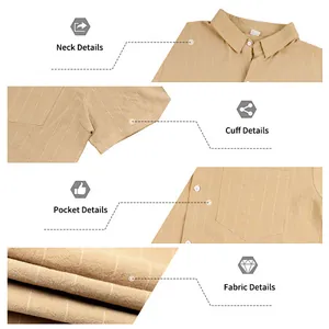 Detailed macro views of men's striped linen shirt neck, cuff, pocket and fabric