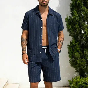 Men's summer linen striped shirt and shorts set shown on model in outdoor setting
