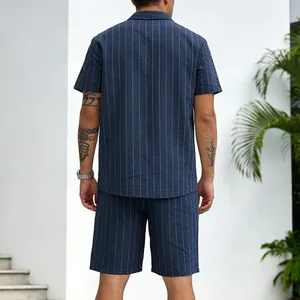 Detailed back view of a men's navy blue vertical striped linen shirt and shorts set