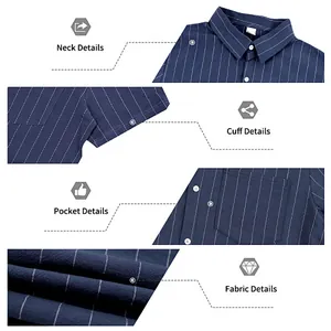Detailed view of the neck, cuffs, pockets, and linen fabric of the striped shirt
