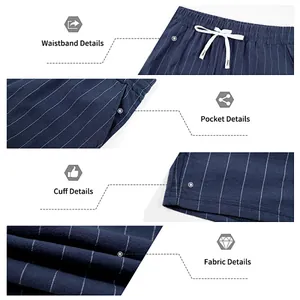 Detailed close-up of navy blue striped linen shorts waistband, pocket, cuff, and fabric.