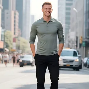 Slim fit men's long-sleeve polo shirt in sage green, breathable quick-dry fabric for casual wear