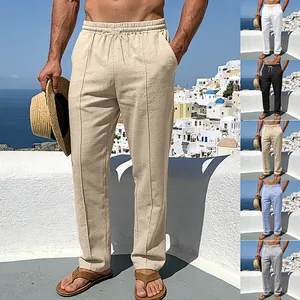 Men's breathable linen straight-leg casual trousers in khaki with multi-color options