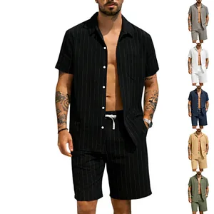 Heren zomer linnen krijtstreep shirt met korte mouwen en korte broek set in kleuren