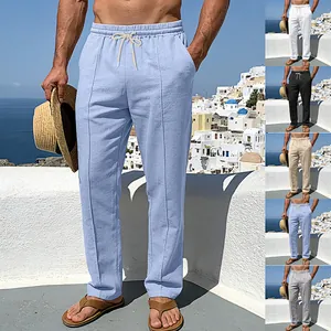 Men's Linen Casual Beach Pants Loose Drawstring Straight Leg Trousers With Vertical Stitching For Summer Outdoor Resort Style