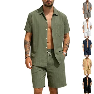 Heren zomer linnen gestreept shirt met korte mouwen en korte broek set kleuren