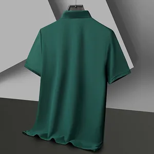 Back view of a premium dark green men's casual Polo shirt in a minimalist studio setting