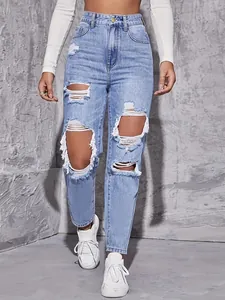 Women's stylish trendy distressed ripped straight-leg denim jeans in light blue