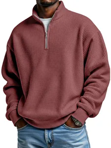Men's stylish quarter-zip waffle knit pullover sweatshirt in a loose fit casual burgundy design