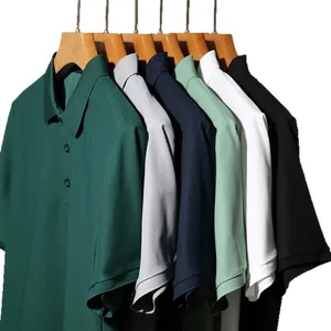 Premium men's heavyweight casual polo shirts in multiple colors on wooden hangers