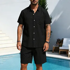 Casual men's summer black linen two-piece set with white vertical pinstripe design