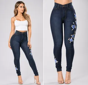 High waist skinny jeans for women with blue floral embroidery in dark blue denim