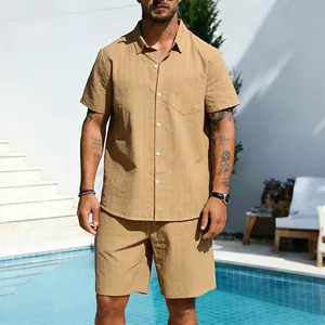 Men's khaki striped linen short sleeve shirt and shorts set for summer casual wear