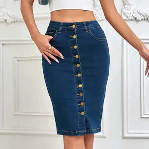 Classic women's blue stretch denim pencil skirt with front gold button detailing