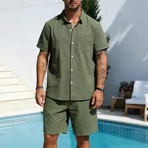 Men's olive green striped linen shirt and shorts relaxed casual summer two piece outfit
