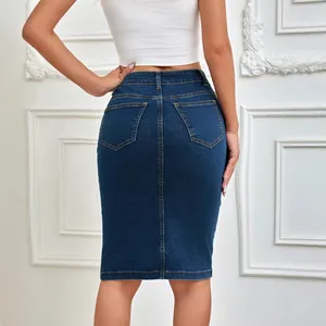 Back view of a classic women's dark blue stretch denim pencil skirt with pockets