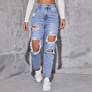 Women Distressed Ripped Denim Jeans High Waisted Straight Leg Bottom Acid Wash Streetwear Casual Denim Pants Light Blue