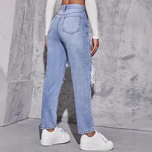 Fashionable light blue high-waist ripped straight-leg denim jeans for women.