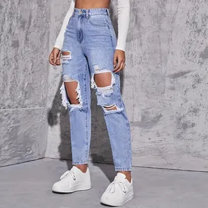 Distressed high-waisted straight-leg denim jeans for women with ripped knee details