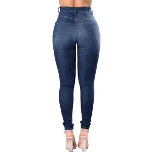 Women's high-waisted skinny denim jeans in deep blue showing a back view and slim fit style