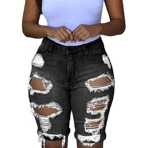 Hoch taillierte, distressed schwarze Denim-Shorts mit Rissen für modische Damen